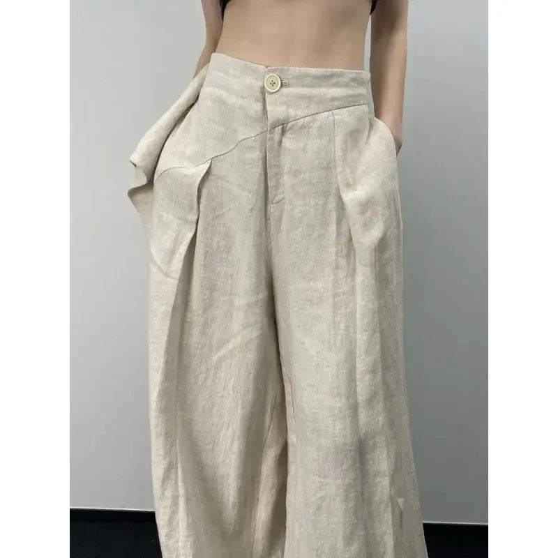 Chic mode femmes décontracté plissé jambe large pantalon lin Texture tout Match ample taille haute pantalon Mujer pantalons Boutique Mélange Parfait