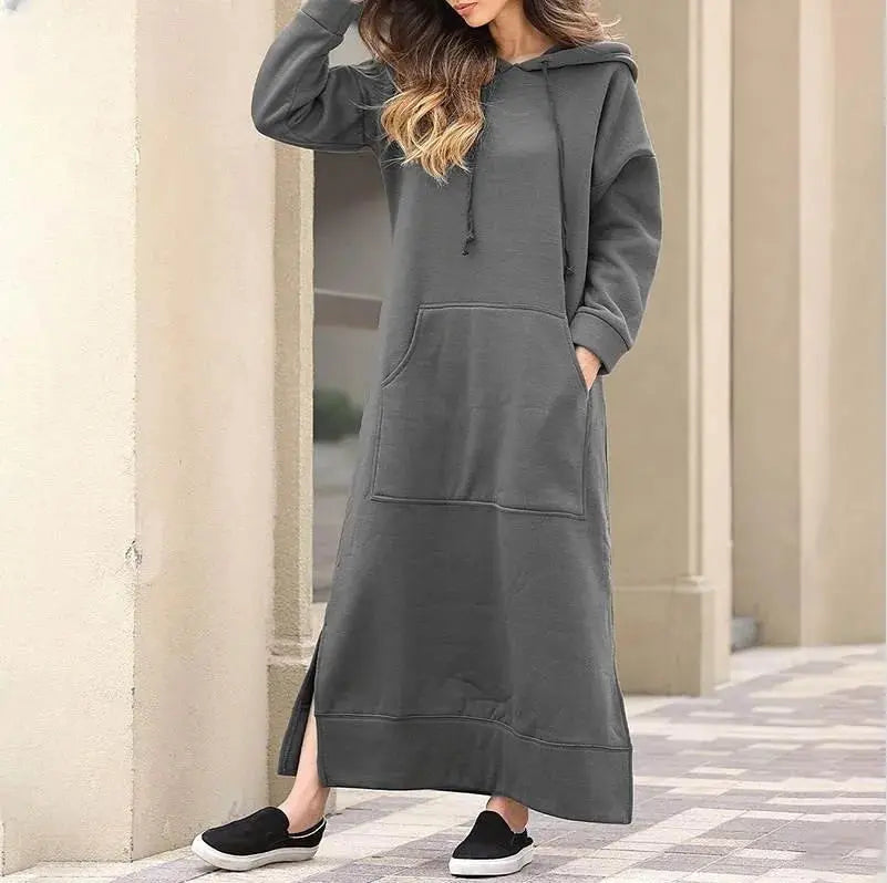 Robe longue à capuche pour femmes, mode 2021, ourlet à lacets, mi-longue, automne hiver, chaud, décontracté, ample, sweat-shirt Boutique Mélange Parfait