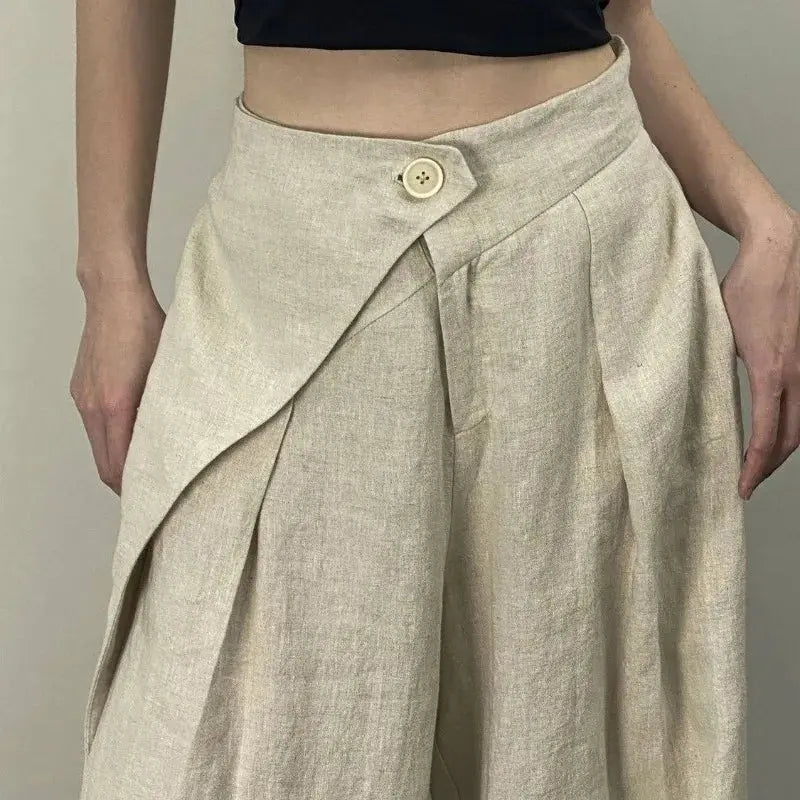 Chic mode femmes décontracté plissé jambe large pantalon lin Texture tout Match ample taille haute pantalon Mujer pantalons Boutique Mélange Parfait