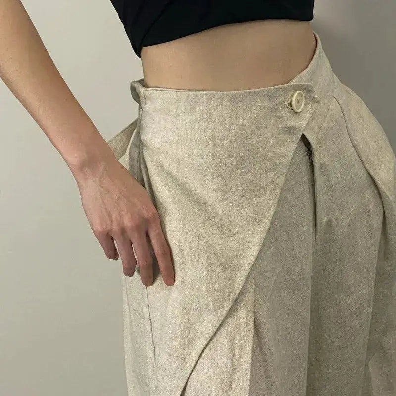 Chic mode femmes décontracté plissé jambe large pantalon lin Texture tout Match ample taille haute pantalon Mujer pantalons Boutique Mélange Parfait